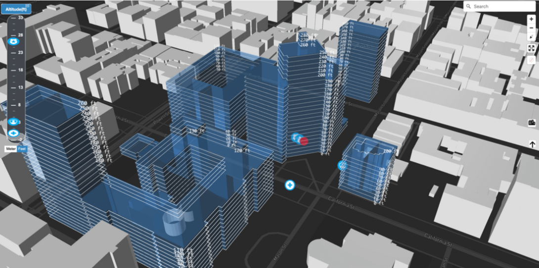 A visualization of z-axis coordinates on a 3D building model by Ecopia and NextNav in San Francisco, California.