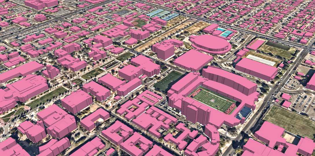 A sample of Ecopia’s 3D building data illustrating how 3D building data can help distinguish buildings of varying heights and densities, information that 2D maps alone can’t provide.